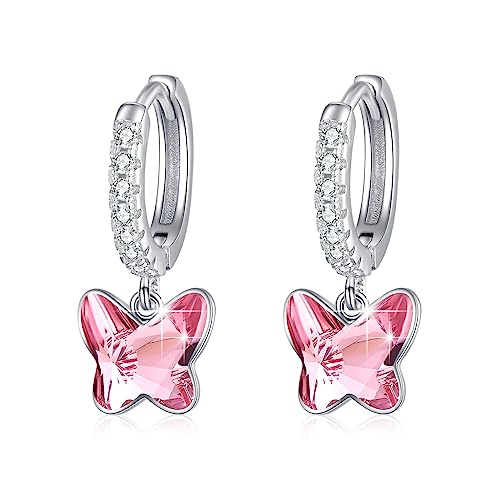 Schmetterling Creolen Ohrringe Mädchen 925 Sterling Silber Schmetterling Hell Pink Ohrringe Kristall Kleine Ohrringe Schmetterling Schmuck für Damen Kinder Tochter Enkelin Freundin Muttertagsgeschenk von MEDWISE