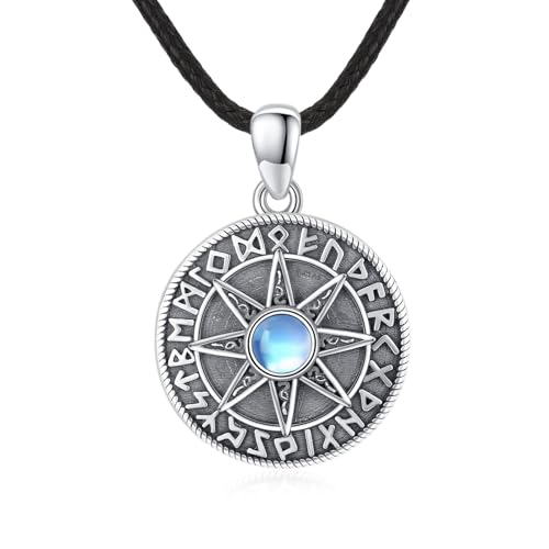 Wikinger Kompass Medaillon Halskette 925 Sterling Silber Mondstein Kette Sonne Medaillon Anhänger Foto Medaillon Amulett Medallion mit Foto Mondstein Schmuck für Herren Sohn Jungen Damen Geschenke von MEDWISE