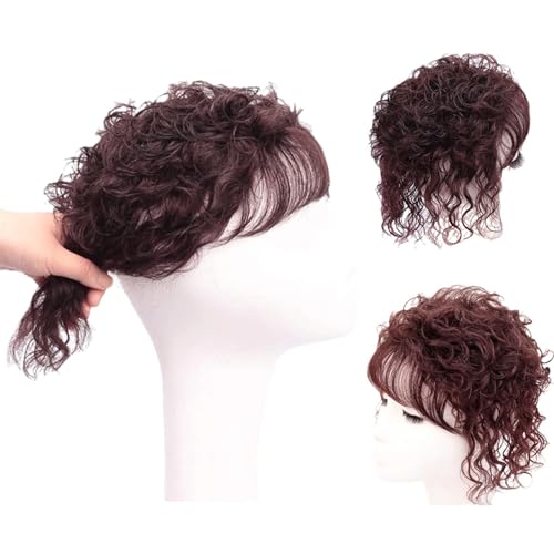 100% Echthaar Topper for Frauen 10 Zoll Dunkelbraunes Lockiges Toupet Mit Pony 18 X 16 Cm Clip-in-Krone Auf Seidenbasis Haarteil for Haarausfall/Dünnes Haar/Graues Haar von MEECHI