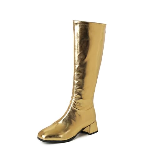 2024 Neu Kniehohe Stiefel Mit Blockabsatz Damen PU-Lackleder Langschaft Boots Elastizität High Stiefel Mit Quadratische Spitze, Warm Plüsch Gefüttert Schneestiefel Mit Reißverschluss(Gold,38 EU) von MEECHI