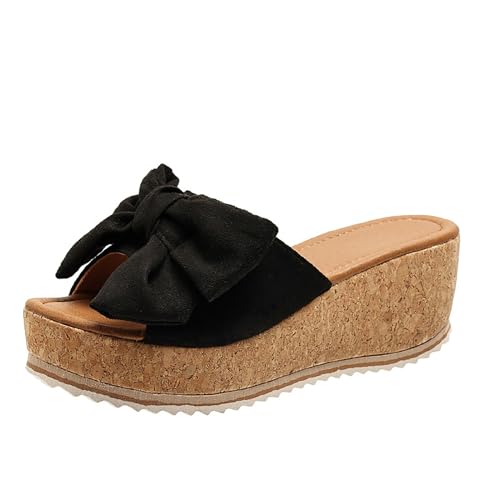2024 Neu Sandalen Mit Schleifen Damen Retro Keilabsatz Schlappen Sommer Peep Toe Hausschuhe Plateau Pantoffeln Für Outdoor Freizeit Strandschuhe (Color : Black, Size : 36 EU) von MEECHI