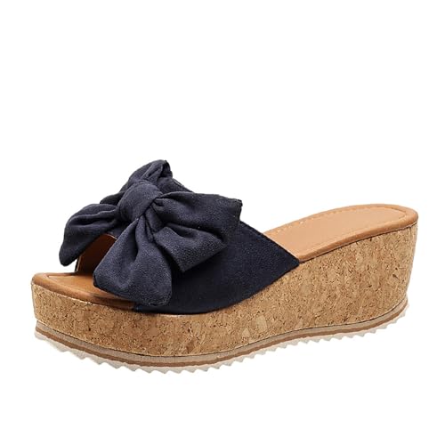 2024 Neu Sandalen Mit Schleifen Damen Retro Keilabsatz Schlappen Sommer Peep Toe Hausschuhe Plateau Pantoffeln Für Outdoor Freizeit Strandschuhe (Color : Blue, Size : 37 EU) von MEECHI