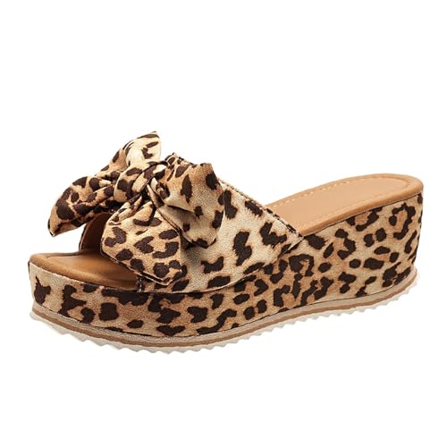 2024 Neu Sandalen Mit Schleifen Damen Retro Keilabsatz Schlappen Sommer Peep Toe Hausschuhe Plateau Pantoffeln Für Outdoor Freizeit Strandschuhe (Color : Leopard, Size : 40 EU) von MEECHI