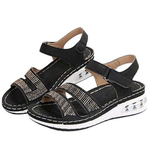 2024 Neu Sandalen Mit Strass Damen Orthopädische Sandaletten Mit Luftkissen Sommer Peep Toe PU-Leder Sandals Retro Keilabsatz Plateau Sandalen Freizeit Strandschuhe (Color : Black, Size : 42 EU) von MEECHI