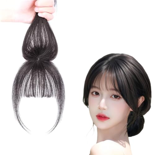 360°-Cover-Clip-in-Pony-Toupet Haarteile Mit Dünnem Pony Perücken Aus 100% Echthaar Clip-in-Perücken Mit Seidenbasis, 6 X 8 Cm Perücken Mit Pony Und Bügeln for Frauen Im Alltag(Black) von MEECHI