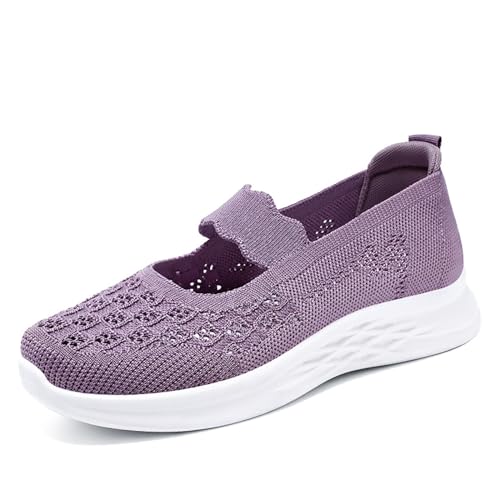 Damen Freizeit Walkingschuhe Mode Hohle Sportschuhe 2024 Neu Slip-on Sneaker Leicht Bequem Weiche Sohle Orthopädische Schuhe Sommer Atmungsaktiv Strick Mesh Turnschuhe ( Color : Purple , Size : 41 EU von MEECHI