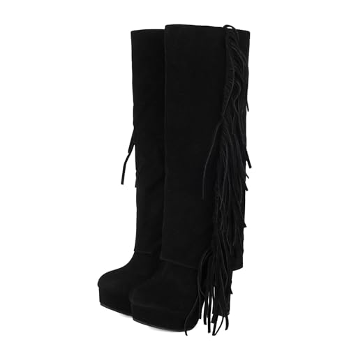 Damen Hohe Stiefel Mit Fransen Retro Wildleder Kniehohestiefel Mit Blockabsatz Herbst Winter Langschaft Boots Mit Reißverschluss Warm Plateau Schneestiefel Freizeit High Heels(Black,43 EU) von MEECHI