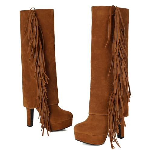 Damen Hohe Stiefel Mit Fransen Retro Wildleder Kniehohestiefel Mit Blockabsatz Herbst Winter Langschaft Boots Mit Reißverschluss Warm Plateau Schneestiefel Freizeit High Heels(Brown,40 EU) von MEECHI