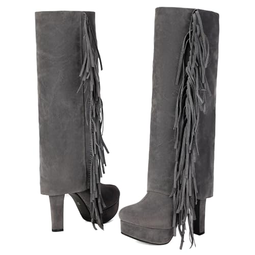 Damen Hohe Stiefel Mit Fransen Retro Wildleder Kniehohestiefel Mit Blockabsatz Herbst Winter Langschaft Boots Mit Reißverschluss Warm Plateau Schneestiefel Freizeit High Heels(Gray,41 EU) von MEECHI
