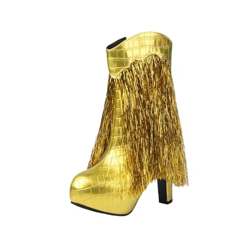 Damen Kurz Stiefel Mit Fransen Plateau Stiefeletten Mit Blockabsatz Combat Ankle Boots Herbst Winter PU-Leder Booties Freizeit Knöchel Schuhe Mit Reißverschluss Party High Heels,36-43(Gold,43 EU) von MEECHI