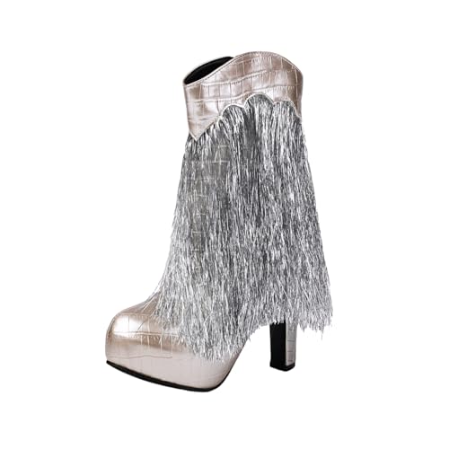 Damen Kurz Stiefel Mit Fransen Plateau Stiefeletten Mit Blockabsatz Combat Ankle Boots Herbst Winter PU-Leder Booties Freizeit Knöchel Schuhe Mit Reißverschluss Party High Heels,36-43(Silver,36 EU) von MEECHI