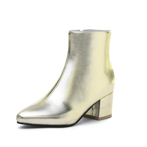 Damen Kurz Stiefel Mit Spitzer Zehenpartie 2023 Neu PU-Lackleder Stiefeletten Fashion Ankle Boots Mit Blockabsatz Warm Plüsch Gefüttert Schneestiefel Elegant Knöchel Schuhe Für Party ( Color : Gold , von MEECHI