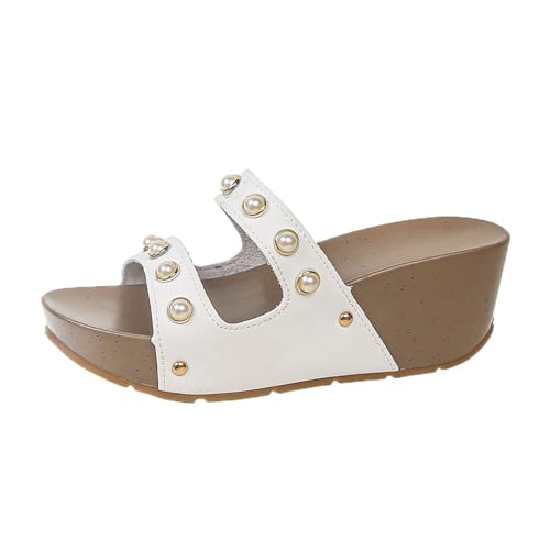 Damen Pantoffeln Mit Perle Bequeme Plateau Keil Sandalen Sommer Peep Toe Hausschuhe PU-Leder Wasserdicht Schlappen Elegant Abendschuhe Für Party/Outdoor(White,36 EU) von MEECHI