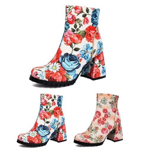 Elegant Stiefeletten Mit Blockabsatz Damen Kurz Stiefel Mit Blumendrucke Braut High Heels Große Größe Ankle Boots Herbst Winter PU-Leder Knöchel Schuhe Für Party(Blue,38 EU) von MEECHI