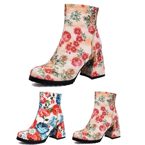 Elegant Stiefeletten Mit Blockabsatz Damen Kurz Stiefel Mit Blumendrucke Braut High Heels Große Größe Ankle Boots Herbst Winter PU-Leder Knöchel Schuhe Für Party(Pink,41 EU) von MEECHI