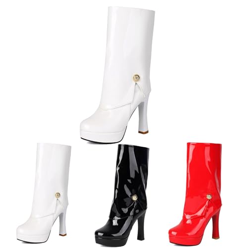 Elegant Stiefeletten Mit Blockabsatz Damen Plateau Ankle Boots Fold Over Kurz Stiefel Mit Reißverschluss,Frauen Große Größe Knöchel Schuhe Herbst Winter PU-Lackleder High Heels Für Party(White,43 EU) von MEECHI