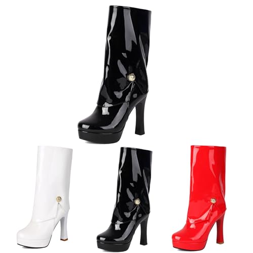 Elegant Stiefeletten Mit Blockabsatz Damen Plateau Ankle Boots Fold Over Kurz Stiefel Mit Reißverschluss,Frauen Große Größe Knöchel Schuhe Herbst Winter PU-Lackleder High Heels Für Party(Black,42 EU) von MEECHI