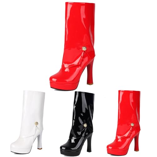 Elegant Stiefeletten Mit Blockabsatz Damen Plateau Ankle Boots Fold Over Kurz Stiefel Mit Reißverschluss,Frauen Große Größe Knöchel Schuhe Herbst Winter PU-Lackleder High Heels Für Party(Red,43 EU) von MEECHI