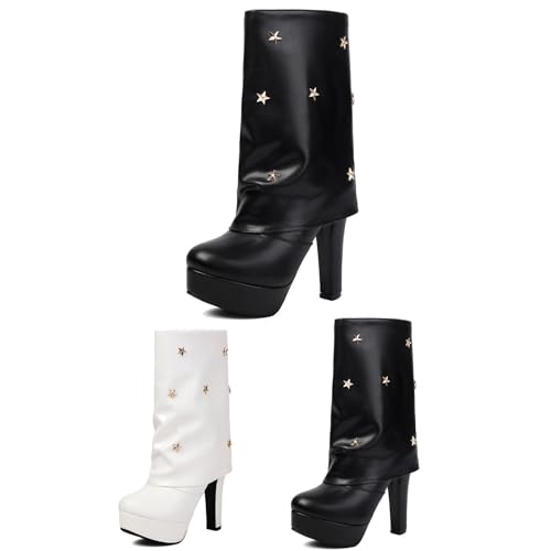 Fashion Stiefeletten Mit Niet Damen Plateau Ankle Boots PU Leder Fold Over Kurz Stiefel Elegant Booties Mit Blockabsatz Große Größe Knöchel Schuhe Party High Heels(Black,39 EU) von MEECHI