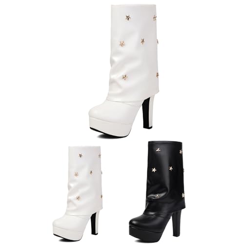 Fashion Stiefeletten Mit Niet Damen Plateau Ankle Boots PU Leder Fold Over Kurz Stiefel Elegant Booties Mit Blockabsatz Große Größe Knöchel Schuhe Party High Heels(White,36 EU) von MEECHI