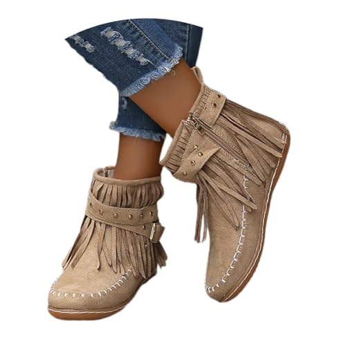 Fransen Stiefeletten Mit Nieten Damen Retro Western Cowboy Stiefel Herbst Winter Wildleder Ankle Boots Mit Schnalle Freizeit Flache Knöchel Schuhe Für Outdoor(Brown,37 EU) von MEECHI