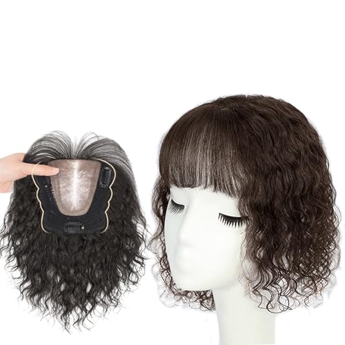 Kurzes Lockiges Haarteil Mit Pony 100% Echthaar-Haarteile for Frauen 10/12 Zoll Natürliche Braune Haarverlängerungen Toupet Zum Anklipsen for Dünner Werdendes Haar, Haarausfall, Graues Haar(25cm) von MEECHI