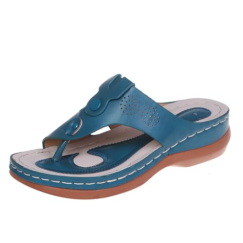 MEECHI Damen Orthopädische Zehentrenner Sandalen Retro Keilabsatz Flip-Flops 2024 Sommer PU-Leder Clip -Toe Pantoffeln Gummi Plateau Schlappen Freizeit Strandschuhe (Color : Blue, Size : 37 EU) von MEECHI