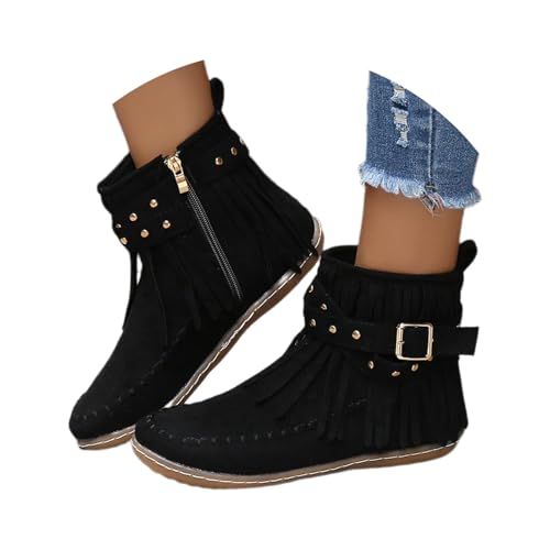 MEECHI Fransen Stiefeletten Mit Nieten Damen Retro Western Cowboy Stiefel Herbst Winter Wildleder Ankle Boots Mit Schnalle Freizeit Flache Knöchel Schuhe Für Outdoor(Black,41 EU) von MEECHI