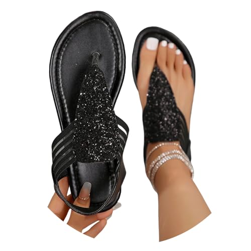 MEECHI Glitzer Sandalen Für Damen Retro Zehentrenner Sandaletten Braut Flip-Flops Mit Strass Komfort Clip -Toe Sandals Flache PU-Leder Sandals Freizeit Boho Strandschuhe(Black,38 EU) von MEECHI