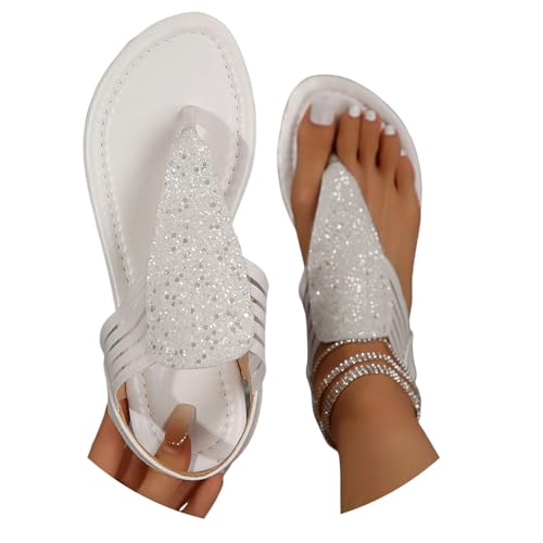 MEECHI Glitzer Sandalen Für Damen Retro Zehentrenner Sandaletten Braut Flip-Flops Mit Strass Komfort Clip -Toe Sandals Flache PU-Leder Sandals Freizeit Boho Strandschuhe(White,39 EU) von MEECHI