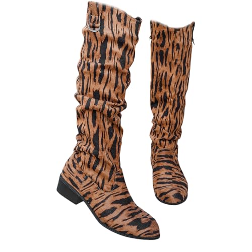 MEECHI Western Cowboystiefel Damen Retro Langschaft Boots Mit Leopardenmuster Schlupfschuhe Große Größe Reitstiefel Blockabsatz Übergangsstiefel Für Frühling, Herbst(Leopard 1,43 EU) von MEECHI