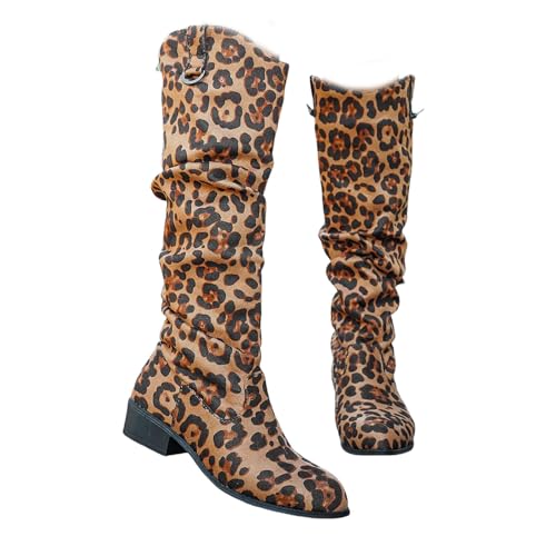 MEECHI Western Cowboystiefel Damen Retro Langschaft Boots Mit Leopardenmuster Schlupfschuhe Große Größe Reitstiefel Blockabsatz Übergangsstiefel Für Frühling, Herbst(Leopard 2,42 EU) von MEECHI