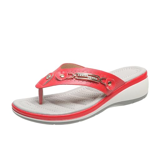 Orthopädische Zehentrenner Sandalen Damen Fashion Strass Flip-Flops 2024 Neu PU-Leder Clip -Toe Pantoffeln Gummi Plateau Slippers Sommer Freizeit Strandschuhe (Color : Red, Size : 43 EU) von MEECHI