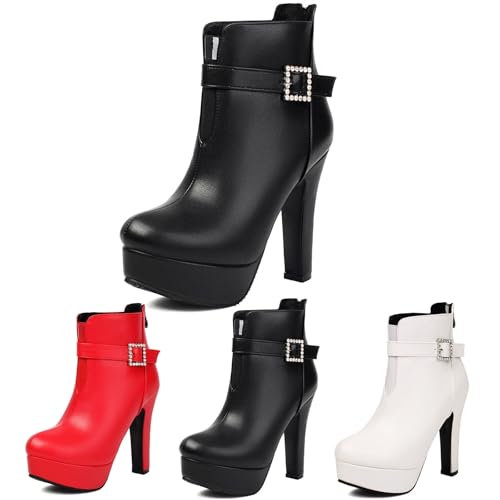 Plateau Stiefeletten Damen Elegant Ankle Boots Mit Blockabsatz PU-Leder Biker Booties Mit Reißverschluss Frauen Herbst Winter Knöchel Schuhe Freizeit Kurz Stiefel Für Party,36-43(Black,36 EU) von MEECHI