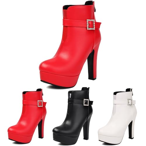 Plateau Stiefeletten Damen Elegant Ankle Boots Mit Blockabsatz PU-Leder Biker Booties Mit Reißverschluss Frauen Herbst Winter Knöchel Schuhe Freizeit Kurz Stiefel Für Party,36-43(Red,36 EU) von MEECHI