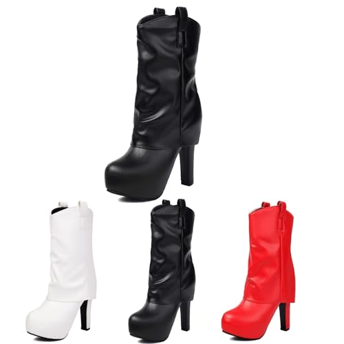 Plateau Stiefeletten Damen Trachten Schlupfstiefel Elegant Ankle Boots Mit Blockabsatz PU-Leder Booties 12cm High Heels Herbst Winter Knöchel Schuhe Für Outdoor, Party,36-43(Black,40 EU) von MEECHI