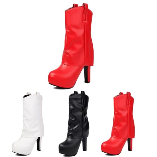 Plateau Stiefeletten Damen Trachten Schlupfstiefel Elegant Ankle Boots Mit Blockabsatz PU-Leder Booties 12cm High Heels Herbst Winter Knöchel Schuhe Für Outdoor, Party,36-43(Red,40 EU) von MEECHI
