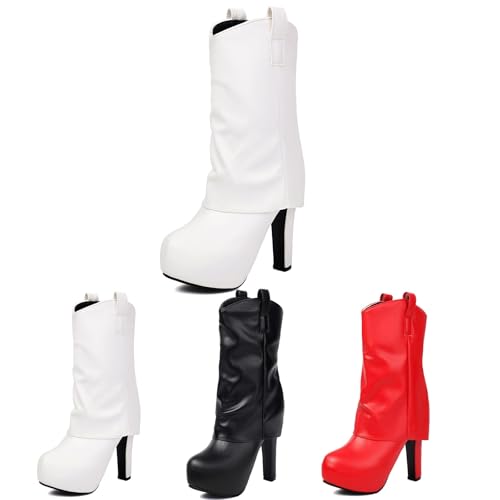 Plateau Stiefeletten Damen Trachten Schlupfstiefel Elegant Ankle Boots Mit Blockabsatz PU-Leder Booties 12cm High Heels Herbst Winter Knöchel Schuhe Für Outdoor, Party,36-43(White,41 EU) von MEECHI