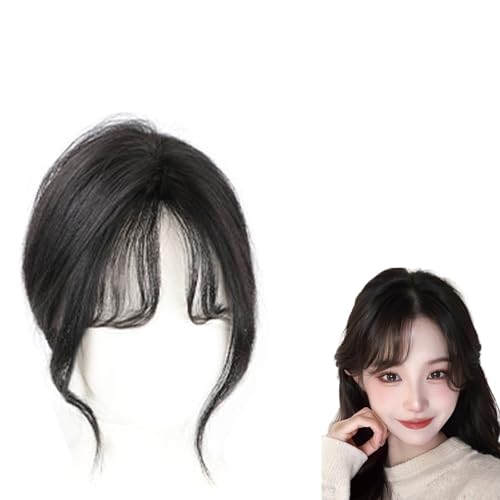 Pony Zum Anklipsen Toupet Aus 100% Echthaar for Frauen 360° 3D-Haarteil Mit Überzug Haarverlängerung Mit Gebogenem Pony Und Bügeln Toupet Mit Seidenbasis 6 X 8 Cm for Den Alltag(Black) von MEECHI