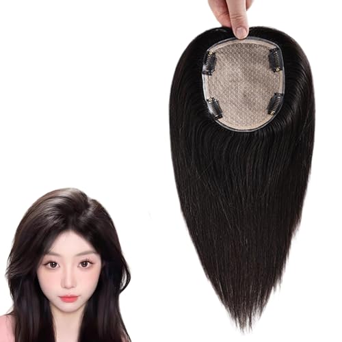 Schwarze Haarteile for Frauen 100% Echthaar Haarteil 10/12 Zoll 360°-Haarverlängerungen,12 X 14 Cm Perücken Mit Seidenbasis Zum Anklipsen for Dünner Werdendes Haar, Haarausfall, Graues Haar(25cm) von MEECHI