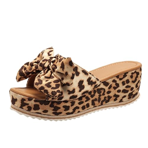 Sommer Plateau Schlappen Damen Elegant Sandalen Mit Schleifen Peep Toe Hausschuhe Vintage Keilabsatz Pantoffeln Freizeit Böhmen Strandschuhe Outdoor Slippers(Leopard 2,39 EU) von MEECHI