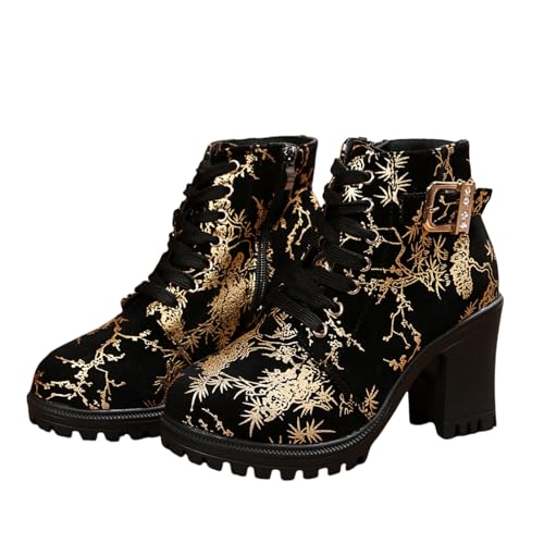 Stiefeletten Damen Große Größe Schnürstiefel Gothic Ankle Boots Mit Schnalle Biker Booties Mit Reißverschluss Blockabsatz Knöchel Schuhe Retro Wildleder High Heels Für Herbst Winter(Gold,40 EU) von MEECHI