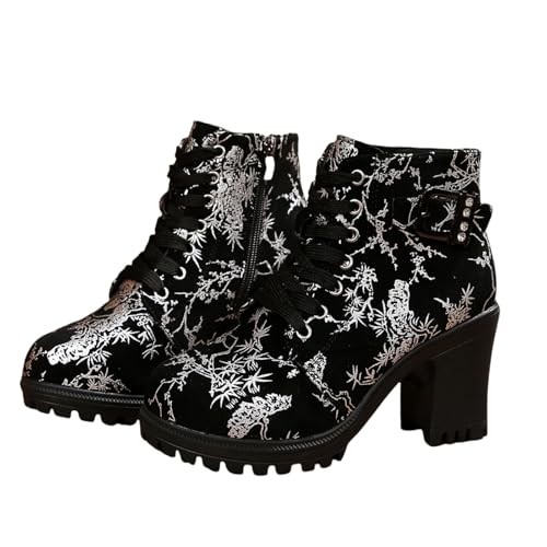 Stiefeletten Damen Große Größe Schnürstiefel Gothic Ankle Boots Mit Schnalle Biker Booties Mit Reißverschluss Blockabsatz Knöchel Schuhe Retro Wildleder High Heels Für Herbst Winter(Silver,40 EU) von MEECHI