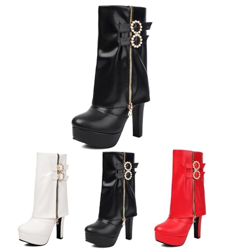 Stiefeletten Mit Absatz Damen Elegant Ankle Boots Mit Perlenschnalle PU-Leder Plateau Booties Herbst Winter Warm Schneestiefel Frauen High Heels Knöchel Schuhe Für Party(Black,37 EU) von MEECHI