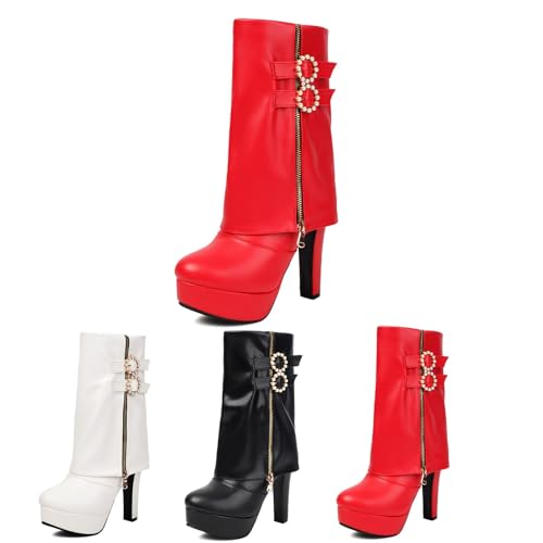 Stiefeletten Mit Absatz Damen Elegant Ankle Boots Mit Perlenschnalle PU-Leder Plateau Booties Herbst Winter Warm Schneestiefel Frauen High Heels Knöchel Schuhe Für Party(Red,41 EU) von MEECHI