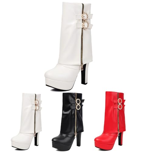Stiefeletten Mit Absatz Damen Elegant Ankle Boots Mit Perlenschnalle PU-Leder Plateau Booties Herbst Winter Warm Schneestiefel Frauen High Heels Knöchel Schuhe Für Party(White,40 EU) von MEECHI