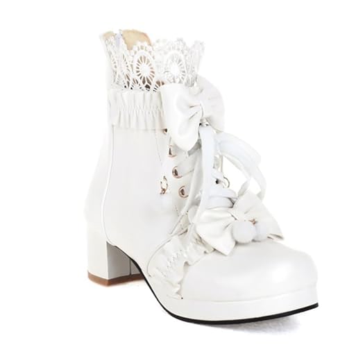 Student Sweet Stiefeletten Mit Schleifen 2023 Neu Damen Schnür Kurz Stiefel Lolita Cosplay Ankle Boots PU-Leder Booties Mit Blockabsatz Elegant Knöchel Schuhe Für Outdoor, Party ( Color : White , Size von MEECHI