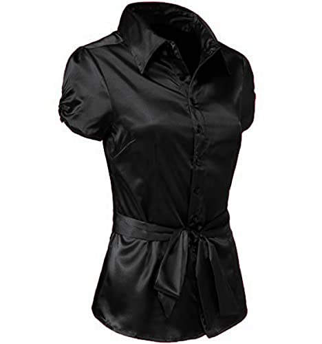 MEEK MERCERY BY KF Satin-Kurzarm-Hemd/Blusen-Oberteil für Mädchen, selbstbindende Taille, ausgefallenes Hemd S107 von MEEK MERCERY BY KF
