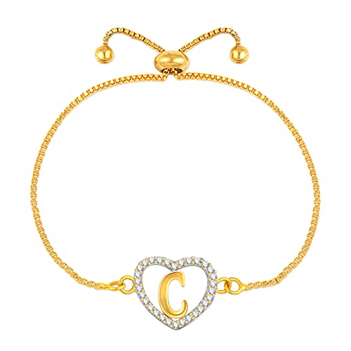 MEENAZ Amerikanischer Diamant CZ AD Kristall Gold Liebe Herzform Alphabet Buchstabe Name Initiale C Medaillon Anhänger Kette Verstellbares Armband für Mädchen Frauen Freundin Damen Alphabet Armband von MEENAZ