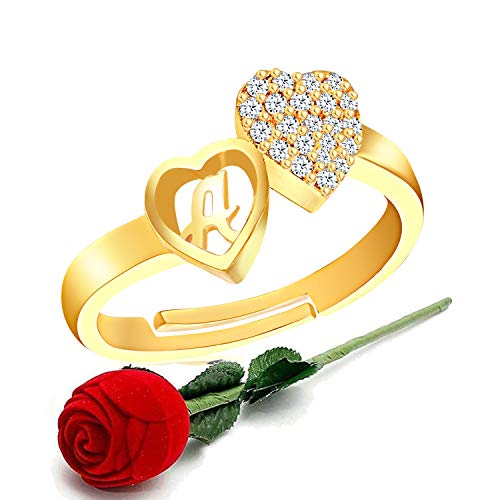 MEENAZ CZ Valentine American Diamond Brass Adjustable I Love You Heart Initial Letter Name Alphabet A Finger Rings for Women in Red Rose Box Set von MEENAZ
